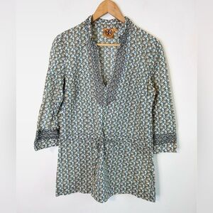 Tory Burch Elephant Print Cotton Tunic - Size 4 - Blue & Ivory Boho